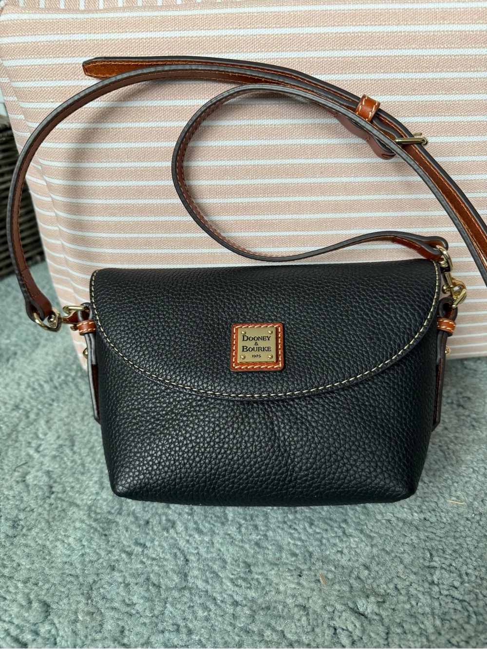 Dooney & Bourke Black Pebbled Leather Crossbody with Brown Trim and Strap